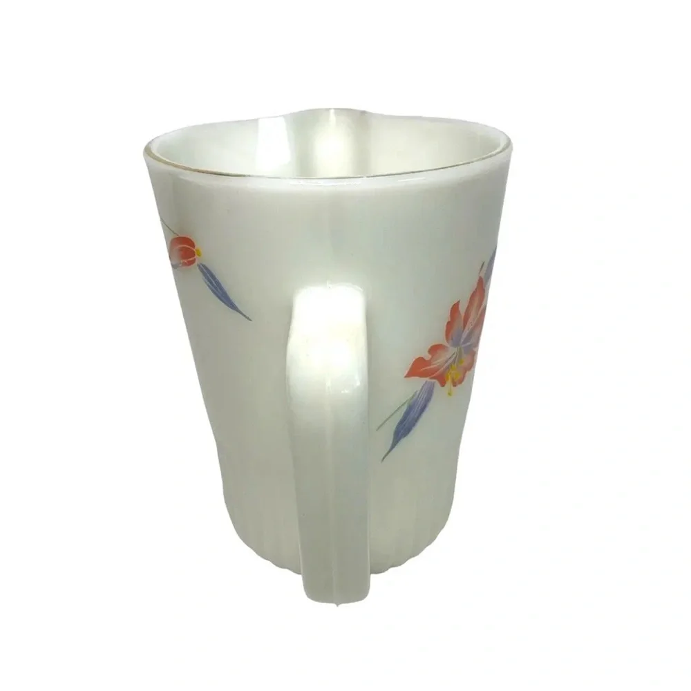 Neolex By Crystal Gold Rim Pitcher Oven Proof Opaque Milk Glass Floral Lily Vtg